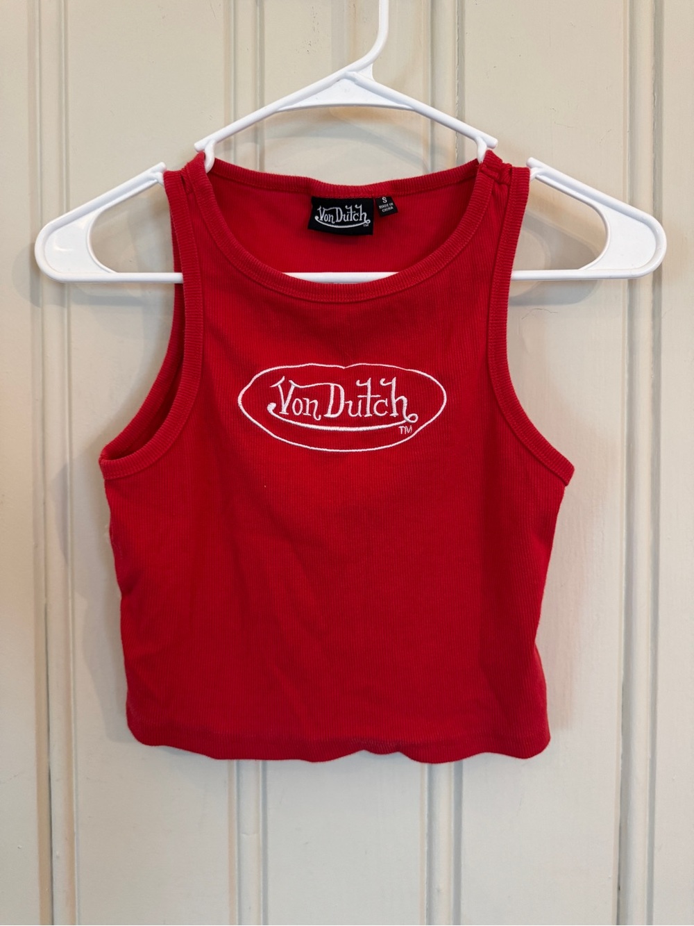 Von Dutch Women's Red Ribbed Logo Tank Top Embroidered Cropped Small Retro
